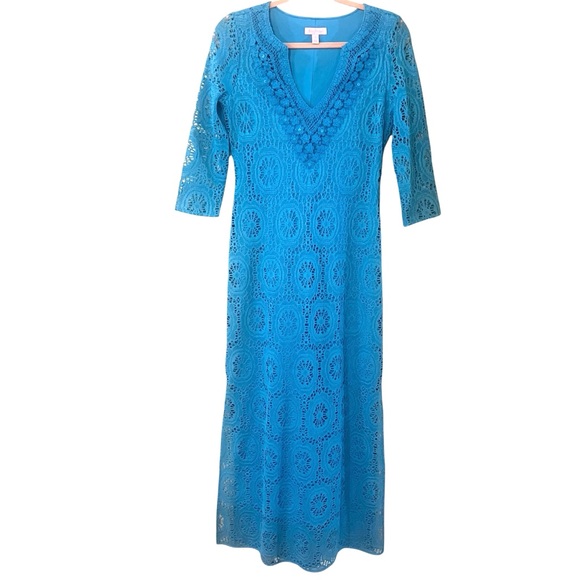 Lilly Pulitzer Sharrie Caftan Maxi Dress Ariel Blue King Street Lace Small - Picture 2 of 14